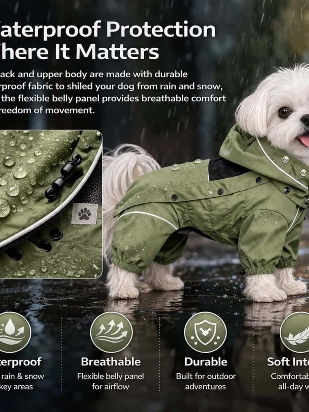 LOVELONGLONG Waterproof Dog Raincoat with Removable Hood